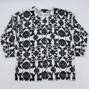 August Silk Cardigan Sweater Black White Floral 3/4 Sleeve Med Cotton Silhouette